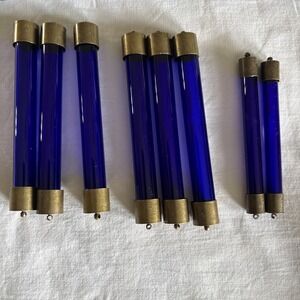 8 VTG Art Deco Czech Chandelier Crystals Cobalt Blue Tube Cylinder Prisms Brass